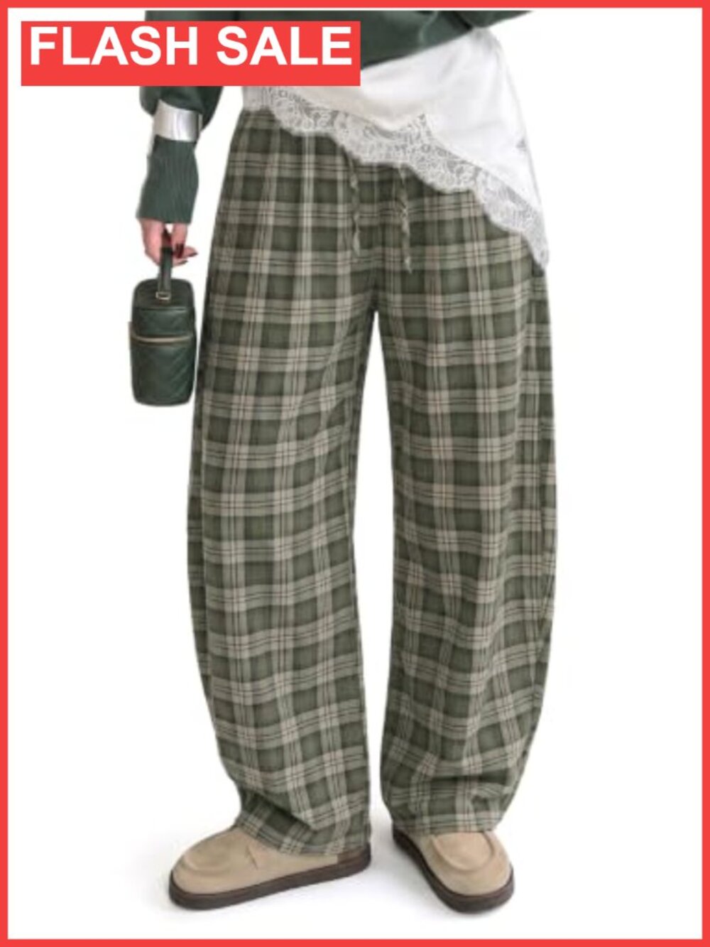 EXLURA Plaid Barrel Pants Flannel Lounge Checkered Trousers Drawstring